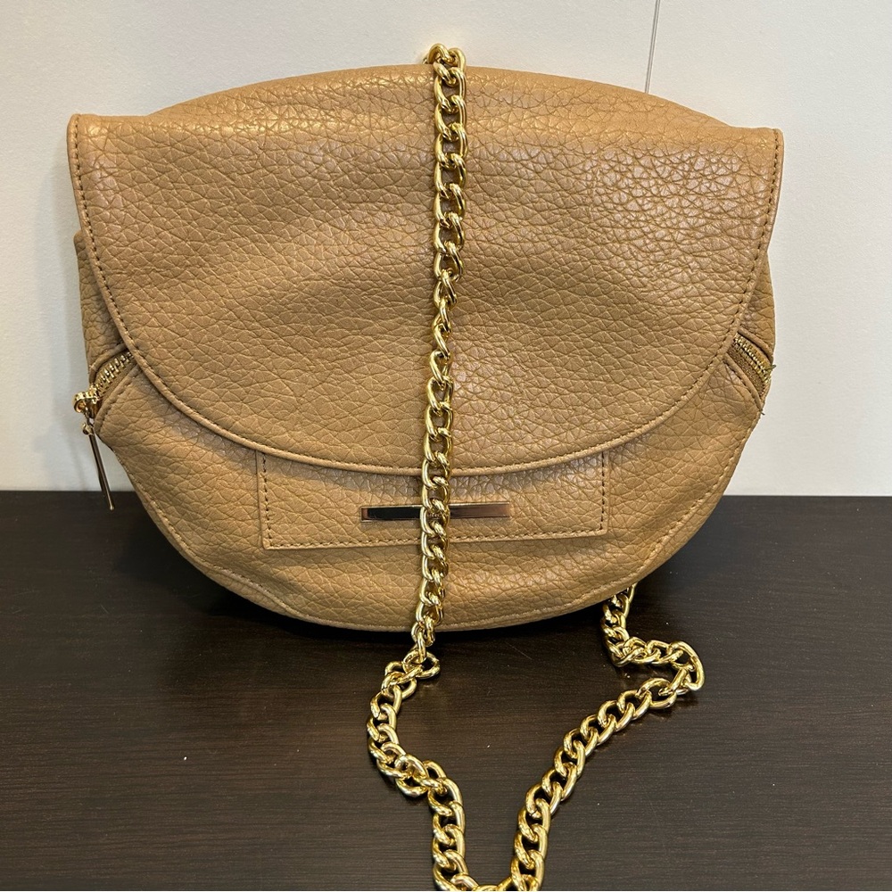 Kensie Faux Leather Fold-Over Flap Crossbody Bag Purse Gold Chain Tan
